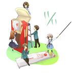  3girls asahina_mikuru box food kita_high_school_uniform koizumi_itsuki kyon maid multiple_boys multiple_girls nagato_yuki oversized_object pocky school_uniform serafuku shirase_(azure) suzumiya_haruhi suzumiya_haruhi_no_yuuutsu 