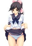  black_hair brown_eyes cameltoe fujirin highres love_plus navel panties pinky_out ponytail school_uniform serafuku skirt skirt_lift solo striped striped_panties takane_manaka underwear 