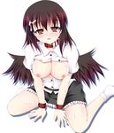  blush breasts brown_eyes brown_hair cum cum_on_body cum_on_breasts cum_on_upper_body expressionless large_breasts looking_at_viewer narumi_yuu_(imitmoon) open_mouth shameimaru_aya short_hair skirt solo touhou wings 