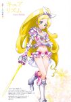  1girl armor armored_boots armored_gloves armored_skirt bikini bikini_armor bikini_skirt blonde_hair boots choker cure_rhythm gloves hair_ribbon highres knee_boots kurose_kousuke long_hair minamino_kanade navel precure ribbon shoulder_armor solo suite_precure swimsuit sword very_long_hair wand weapon white_bikini white_boots white_choker white_gloves white_ribbon 