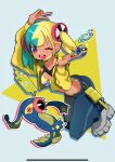  1girl ;d arm_up bandeau belt black_belt canari_(pokemon) cropped_jacket eelektross grey_shoes hand_upv happy highres jacket miku_(m1ku) multicolored_hair one_eye_closed open_clothes open_jacket open_mouth pants poke_ball pokemon pokemon_(creature) quick_ball rotom rotom_phone shoes smile teeth tongue twintails tynamo yellow_bandeau yellow_jacket zipper_pull_tab 
