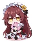  1girl black_dress brown_hair character_doll chibi chibi_only commentary commission doll dress eden_(honkai_impact) elysia_(honkai_impact) english_commentary holding holding_doll honkai_(series) honkai_impact_3rd long_hair looking_at_viewer maffin maid maid_headdress simple_background solo very_long_hair white_background yellow_eyes 