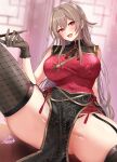  1girl :d arm_behind_back arm_support black_garter_straps black_gloves black_thighhighs blush breasts brown_hair china_dress chinese_clothes commentary_request covered_navel double-parted_bangs dress festa11307070 fishnet_thighhighs fishnets floral_print floral_print_dress furen_e_lustario furen_e_lustario_(7th_costume) garter_straps gloves groin_tendon hair_between_eyes hand_up holding holding_smoking_pipe kiseru lace lace_gloves large_breasts leg_up long_hair looking_at_viewer mandarin_collar nijisanji official_alternate_costume on_table open_mouth paid_reward_available panties panty_peek pelvic_curtain print_dress reclining red_dress red_eyes see-through_cleavage see-through_clothes signature skindentation smile smoking_pipe solo spread_legs table taut_clothes taut_dress thick_thighs thighhighs thighs thong underwear very_long_hair virtual_youtuber 