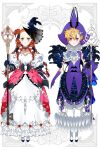  2girls abin0027 absurdres blonde_hair blush chocolat_meilleure choker commentary_request dress drill_hair earrings full_body gloves green_eyes hair_between_eyes hat highres holding holding_scepter jewelry long_dress long_hair multiple_girls neck_ruff orange_hair puffy_sleeves purple_gloves purple_hat scepter short_hair skeleton sugar_sugar_rune vanilla_mieux 