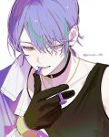  1boy black_choker black_gloves black_tank_top choker clenched_teeth colored_eyelashes deeper_and_deeper_(project_sekai) ganada_404 gloves green_hair hand_up highres jewelry kamishiro_rui layered_clothes male_focus multicolored_hair necklace official_alternate_costume official_alternate_hairstyle project_sekai purple_hair screw simple_background solo streaked_hair tank_top teeth twitter_username two-tone_hair upper_body white_background 