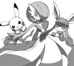 2025 :3 ambiguous_gender black_eyes blush cheek_markings chest_spike clothing digital_drawing_(artwork) digital_media_(artwork) dress eeveelution facial_markings feral fur fur_markings gardevoir generation_1_pokemon generation_3_pokemon generation_4_pokemon glaceon greyscale group hanging_on_arm head_markings hi_res humanoid looking_at_viewer markings monochrome nintendo noye paws pikachu pokemon pokemon_(species) pseudo_clothing pseudo_hair spikes spikes_(anatomy) trio