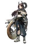  1girl ankle_boots aqua_cape aqua_pants arknights black_gloves black_horns black_nails black_shirt boomerang boots brown_hair cape closed_mouth collared_cape cropped_jacket cropped_shirt fingerless_gloves five-fall floating_cape floating_hair freckles full_body gloves halo halo_behind_head hand_on_own_hip highres holding holding_boomerang holding_weapon horns jacket jieyun_(arknights) knee_pads midriff navel official_art pants parted_bangs scabbard serious sheath sheathed shirt simple_background solo standing strapless sword tachi-e third-party_source transparent_background weapon white_boots white_jacket yellow_eyes 