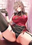  1girl ;o arm_behind_back arm_support black_garter_straps black_gloves black_panties black_thighhighs blush breasts brown_hair cameltoe china_dress chinese_clothes clothes_lift commentary_request covered_navel double-parted_bangs dress eyeshadow festa11307070 fishnet_thighhighs fishnets floral_print floral_print_dress furen_e_lustario furen_e_lustario_(7th_costume) garter_straps gloves groin_tendon hair_between_eyes hand_up holding holding_smoking_pipe kiseru lace lace_gloves large_breasts leg_up long_hair looking_at_viewer makeup mandarin_collar nijisanji official_alternate_costume on_table one_eye_closed open_mouth paid_reward_available panties pelvic_curtain pelvic_curtain_lift print_dress puckered_lips reclining red_dress red_eyes red_eyeshadow see-through_cleavage see-through_clothes signature skindentation smoking_pipe solo spread_legs table taut_clothes taut_dress thick_thighs thighhighs thighs thong underwear very_long_hair virtual_youtuber 