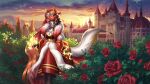 anthro avian bird breasts canid canine canis castle cleavage clothed clothing crown dress female flower headgear hi_res holivi horn mammal plant red_eyes rose_(flower) scepter shrub solo sunset tiara tree wolf