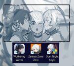  3girls anby_demara bangs_pinned_back berenica_(duet_night_abyss) beret black_hair blue_hat bow commentary gloves hair_intakes half_gloves hat hat_bow imminent_kiss lennykaise long_hair multiple_girls one_eye_closed open_mouth single_half_glove symbol-only_commentary tacet_mark_(wuthering_waves) white_hair yangyang_(wuthering_waves) zenless_zone_zero 