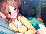  1girl against_wall ass ass_grab blush breast_press breasts brown_eyes brown_hair chikan chikan_sen'you_sharyou game_cg groping hayasaka_kaori jpeg_artifacts koizumi_amane medium_breasts molestation short_hair side_slit solo_focus train_interior 