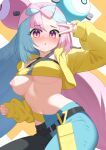  1girl :o bandeau belt black_belt blush bow-shaped_hair breasts canari_(pokemon) canari_(pokemon)_(cosplay) character_hair_ornament commentary_request cosplay cropped_jacket hair_ornament hand_up hood hood_down hooded_jacket iono_(pokemon) jacket long_hair long_sleeves looking_at_viewer multicolored_hair murasaki3 nipples one_breast_out open_clothes open_jacket open_mouth pants pokemon pokemon_sv sleeves_past_wrists solo two-tone_hair v yellow_bandeau yellow_jacket zipper zipper_pull_tab 