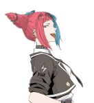  1girl alternate_hair_color black_choker black_gloves black_jacket black_necktie blue_hair blunt_bangs choker clothes_writing coelacanth_(gyotaku) commentary_request ear_piercing eyelashes face_piercing fingerless_gloves gloves hair_horns han_juri jacket lightning_bolt_symbol mouth_piercing multicolored_hair necktie open_clothes open_jacket open_mouth piercing red_eyes red_hair shirt short_hair sidelocks simple_background sleeves_rolled_up smile solo spikes split-color_hair street_fighter street_fighter_v teeth tongue tongue_out two-tone_hair upper_body upper_teeth_only white_background white_shirt 