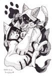  1girl 2010 absurdres animal_ears blazblue braid cat cat_ears dated evil_grin evil_smile eyepatch greyscale grin highres hood jubei_(blazblue) monochrome mosho signature smile tail taokaka traditional_media 