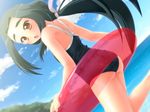  ass black_hair copyright_request dutch_angle innertube jakurei long_hair one-piece_swimsuit orange_eyes ponytail school_swimsuit solo swimsuit 