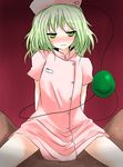  1girl alternate_costume assertive clothed_sex cowgirl_position girl_on_top green_eyes green_hair han_(jackpot) hetero highres komeiji_koishi naughty_face nurse petite pov sex solo_focus straddling touhou 