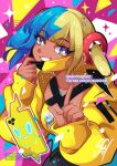  1girl aqua_hair black_hair blonde_hair canari_(pokemon) dark-skinned_female dark_skin highres index_finger_raised jacket long_sleeves looking_at_viewer mask mask_pull mouth_mask multicolored_hair pokemon pokemon_legends:_z-a purple_eyes rotom rotom_phone sandragh short_hair smile teeth twintails yellow_jacket 