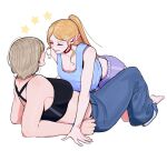  2girls black_sports_bra blonde_hair blush breasts choker closed_eyes commentary dungeon_meshi elf falin_touden falin_touden_(tallman) hair_around_ear highres im_vess long_hair marcille_donato midriff multiple_girls navel open_mouth pointy_ears short_hair simple_background smile sports_bra sportswear symbol-only_commentary white_background yuri 