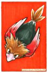  annamcdolls artist_name beak bird border brown_feathers dated feathered_wings feathers full_body highres inktober inktober_2025 jacket no_humans outside_border pokemon pokemon_(creature) red_jacket solo spearow traditional_media tumblr_username web_address white_border wings 