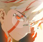  1boy close-up closed_mouth commentary dandadan facial_mark glasses hair_between_eyes highres looking_at_viewer male_focus red_eyes red_hair round_eyewear short_hair solo symbol-only_commentary takakura_ken_(dandadan) takakura_ken_(transformed)_(dandadan) upper_body white_hair zoom_ret 