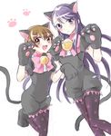 animal_ears bell blue_eyes brown_eyes brown_hair cat_ears cat_paws cat_tail heartcatch_precure! jingle_bell long_hair multiple_girls myoudouin_itsuki oimo pantyhose paw_print paws precure print_legwear purple_hair purple_legwear short_hair tail tsukikage_yuri 