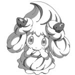 2025 alcremie ambiguous_gender blush blush_lines cowlick digital_drawing_(artwork) digital_media_(artwork) food food_creature fruit generation_8_pokemon glistening glistening_eyes greyscale hair hi_res high-angle_view monochrome nintendo noye open_mouth plant pokemon pokemon_(species) pseudo_clothing pseudo_hair solo strawberry