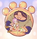  1boy 1girl adoptive_parent_and_adoptive_child bartholomew_kuma black_hair blue_shirt blush boots brown_boots burugozu carrying carrying_person closed_eyes eating english_commentary extra_ears facing_another father_and_daughter food food_on_face glasses highres holding holding_food holding_pizza hood hood_down jewelry_bonney long_hair one_piece open_mouth pink_hair pizza pizza_slice shirt shorts sitting sitting_on_hand sparkling_eyes suspenders tank_top upper_body white_tank_top 