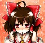  ahoge annoyed blush bow brown_hair face food from_above frown hair_bow hakurei_reimu incoming_pocky_kiss large_bow pink_eyes pocky pov red_eyes sakurai_haruto solo touhou 