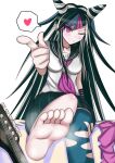  1girl ;) asymmetrical_legwear barefoot black_hair blue_hair breasts closed_mouth commentary_request convenient_leg danganronpa_(series) danganronpa_2:_goodbye_despair ear_piercing face_piercing feet foot_focus gloves hair_horns heart highres jewelry legs long_hair looking_at_viewer medium_breasts mioda_ibuki mismatched_legwear mouth_piercing multicolored_hair neckerchief necklace on_bed one_eye_closed otono_fei piercing pink_eyes pink_hair pink_neckerchief pleated_skirt pointing pointing_at_viewer ringed_eyes sailor_collar school_uniform serafuku shirt short_sleeves simple_background single_thighhigh sitting skirt smile soles solo spoken_heart steam steaming_body streaked_hair striped_clothes striped_gloves thighhighs toes torn_clothes torn_thighhighs triple_side_labret_piercing unworn_thighhighs variant_set very_long_hair white_background white_hair white_shirt 