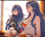  ... 2girls alcohol alternate_costume armor beer beer_mug belt belt_buckle black_bra blue_eyes blue_hair bra brand_of_the_exalt breast_envy breasts buckle cape chicken_(food) cleavage commission cup dual_persona evomanaphy fire_emblem fire_emblem_awakening food fried_chicken grin hair_between_eyes half-closed_eyes highres hooters indoors light_particles long_hair looking_at_another looking_at_breasts lucina_(fire_emblem) medium_breasts mug multiple_girls name_tag shoulder_armor small_breasts smile symbol-shaped_pupils tiara underwear very_long_hair waitress 