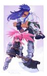  1boy 1girl armored_boots axe black_shirt blue_eyes boots closed_mouth collarbone commentary_request cuffs dagger full_body gauntlets green_pants highres holding holding_axe kicking knife kumedaira looking_to_the_side pants pink_hair presea_combatir purple_hair regal_bryan shackles shirt tales_of_(series) tales_of_symphonia translation_request twintails weapon white_shirt 