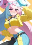  1girl bandeau belt black_belt bow-shaped_hair canari_(pokemon) canari_(pokemon)_(cosplay) character_hair_ornament commentary_request cosplay cropped_jacket grin hair_ornament hand_up hood hood_down hooded_jacket iono_(pokemon) jacket long_hair long_sleeves looking_at_viewer multicolored_hair murasaki3 open_clothes open_jacket pants pokemon pokemon_sv purple_eyes sleeves_past_wrists smile solo teeth two-tone_hair v yellow_bandeau yellow_jacket zipper zipper_pull_tab 