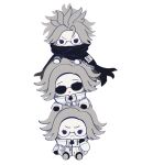  3boys :o aotsuki_eito black_cloak black_eyes black_gloves breast_pocket chibi chibi_only cloak frown glasses gloves grey_background grey_hair jacket last_defense_academy_school_uniform looking_at_viewer male_focus multiple_boys multiple_persona official_alternate_hairstyle on_head pocket rizu_(rizunm) school_uniform short_hair simple_background sitting solid_eyes spoilers stack sunglasses sweatdrop the_hundred_line_-last_defense_academy- twitter_username white_gloves white_jacket 