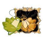  1boy 1other antennae arthropod_boy blank_eyes broken_mirror cogwork_dancers_(hollow_knight) crack different_reflection empty_eyes english_commentary green_prince_(hollow_knight) highres hollow_knight hollow_knight:_silksong insomnine111 looking_at_mirror mantis_boy mirror reflection robot white_background white_eyes 