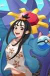  1girl :d black_hair blue_hoodie cloud commentary_request cube_hair_ornament day dive_ball earclip hair_ornament happy highres holding holding_poke_ball hood hood_down hoodie ikarikaku leggings lida_(pokemon) long_hair looking_at_viewer mega_starmie open_clothes open_hoodie open_mouth outdoors poke_ball pokemon pokemon_(creature) pokemon_legends:_z-a print_shirt shirt sidelocks sky smile starmie teeth tongue topknot upper_teeth_only white_shirt 