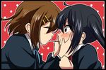  black_hair blush brown_eyes brown_hair closed_eyes food hirasawa_yui k-on! long_hair multiple_girls nakano_azusa pocky pocky_kiss sakayama_shinta school_uniform shared_food short_hair twintails yuri 