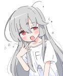  1girl blush grey_hair hair_between_eyes highres long_hair looking_at_viewer messy_hair okumoto_(sugoku_erai) open_mouth original red_eyes shirt short_sleeves simple_background sleepy solo squeans t-shirt upper_body white_background white_shirt yawning 
