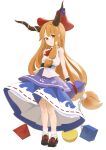  1girl black_shoes blue_shirt blunt_bangs bow bowtie brown_horns chain closed_mouth commentary_request cube english_commentary full_body gourd hair_bow highres horn_bow horn_ornament horns ibuki_suika kurohiba layered_skirt long_hair looking_at_viewer low-tied_long_hair orange_eyes orange_hair orb purple_bow purple_skirt pyramid_(geometry) red_bow red_bowtie ribbon-trimmed_skirt ribbon_trim shirt shoes sidelocks simple_background skirt sleeveless sleeveless_shirt smile socks standing touhou very_long_hair white_background white_shirt white_skirt white_socks wrist_cuffs 