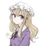  1girl black_ribbon blonde_hair closed_mouth collar commentary dress dress_ribbon hair_between_eyes hat kashiwada_kiiho long_hair looking_to_the_side maribel_hearn mob_cap purple_dress ribbon signature simple_background solo symbol-only_commentary touhou white_background white_collar white_hat 