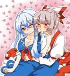  arms_around_waist bad_id bad_pixiv_id bangs blue_dress blunt_bangs bow breasts cleavage collarbone dress food fujiwara_no_mokou grey_hair hair_between_eyes hair_bow heart kamishirasawa_keine karasuma_yayoi large_breasts long_hair mouth_hold multicolored_hair multiple_girls one_eye_closed pants pink_background pocky red_eyes shirt silver_hair suspenders touhou two-tone_hair very_long_hair yuri 