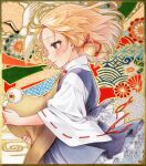  1girl bird blonde_hair blush brown_hat closed_mouth commentary_request frilled_skirt frills from_side hair_ribbon hat holding holding_unworn_clothes holding_unworn_hat long_hair long_sleeves marker_(medium) medium_hair moriya_suwako purple_skirt purple_vest pyonta red_ribbon ribbon ribbon-trimmed_sleeves ribbon_trim s.mamiya shirt skirt skirt_set smile solo touhou traditional_media tress_ribbon unworn_hat unworn_headwear vest white_bird white_shirt wide_sleeves yellow_eyes 