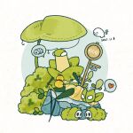  1boy arthropod_boy bell_beast_(hollow_knight) cogfly_(hollow_knight) colored_skin dated empty_eyes english_commentary gourd green_prince_(hollow_knight) green_skin heart highres holding holding_gourd hollow_knight hollow_knight:_silksong image_in_speech_bubble insomnine111 mantis_boy mossgrub_(hollow_knight) on_rock robot sitting spikes spoken_heart white_eyes white_mask 