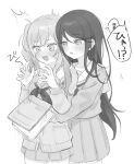  2girls ^^^ blush book cardigan commentary dot_nose dropping greyscale highres hoshino_ichika_(project_sekai) hug hug_from_behind long_hair long_sleeves miyamasuzaka_girls&#039;_academy_school_uniform monochrome mu_ri003 multiple_girls neckerchief open_mouth pleated_skirt project_sekai sailor_collar school_uniform serafuku simple_background skirt speech_bubble surprised sweatdrop tenma_saki translation_request twintails white_background wide-eyed yuri 
