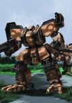  blue_sky camouflage front_mission gun highres holding holding_gun holding_weapon mecha mecha_focus military missile_pod no_humans outdoors robot science_fiction sky tyokugekidato weapon woodland_camouflage 