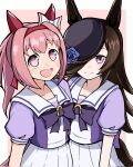  2girls animal_ears blue_flower blue_hat blue_rose blush bow bowtie brown_hair closed_mouth commentary ear_bow ear_covers emapippi flipped_hair flower flower-shaped_pupils flower_in_eye hair_over_one_eye hairband haru_urara_(umamusume) hat hat_flower headband highres horse_ears horse_girl horse_tail long_hair looking_at_viewer multiple_girls open_mouth pink_eyes pink_hair pink_headband ponytail puffy_short_sleeves puffy_sleeves purple_bow purple_bowtie purple_eyes purple_shirt red_headband rice_shower_(umamusume) rose sailor_collar sailor_shirt school_uniform shirt short_sleeves skirt smile symbol-only_commentary symbol-shaped_pupils symbol_in_eye tail tilted_headwear tracen_school_uniform umamusume white_sailor_collar white_skirt 
