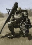  aircraft ammunition_belt camouflage cannon field gatling_gun gun helicopter highres holding holding_cannon holding_gun holding_weapon kneeling mecha military minigun original outdoors robot science_fiction shoulder_cannon tyokugekidato weapon woodland_camouflage 