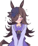  1girl animal_ears blue_flower blue_hat blue_rose blush bow brown_hair flipped_hair flower hair_over_one_eye hat hat_flower highres horse_ears horse_girl horse_tail horseshoe_ornament long_hair looking_at_viewer nono54558 open_mouth purple_eyes rice_shower_(umamusume) rose school_uniform smile solo tail tilted_headwear tracen_school_uniform umamusume 