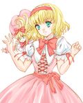  alice_margatroid alternate_color ascot bad_id bad_pixiv_id blonde_hair bow dress frills green_eyes hair_bow hairband hanaki_misa long_hair multiple_girls pink pink_dress puffy_sleeves ribbon shanghai_doll short_hair touhou white_background 