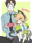  +++ 1boy 1girl animal_ear_headphones animal_ears aqua_bow arrow_(symbol) belt black_necktie black_pants blonde_hair blue_archive blue_necktie blue_shirt blush border bow brown_hair cat_ear_headphones cat_ears cat_tail closed_mouth collared_shirt commentary_request controller cowboy_shot doodle_sensei_(blue_archive) dress_shirt eyes_visible_through_hair fake_animal_ears fake_tail game_controller green_background green_eyes hair_bow halo headphones heart heart_tail height_difference hetero highres holding holding_controller holding_game_controller jacket leaning_back long_sleeves looking_at_another medium_hair midori_(blue_archive) necktie open_clothes open_jacket outline outside_border pants paper_on_head playing_games ririfu school_uniform sensei_(blue_archive) shirt short_hair simple_background sitting tail upturned_eyes white_border white_jacket white_outline white_shirt wide_sleeves 