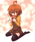  ahoge aokichi blush brown_hair food highres open_mouth original pocky short_hair shy solo thighhighs translated 